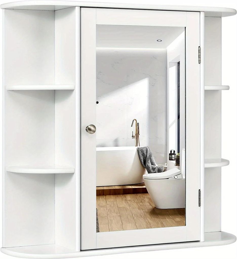 Badezimmer Spiegelschrank - Medizinschrank - Verstellbare Einlegeböden - Seitenablagen - Holz - Weiß