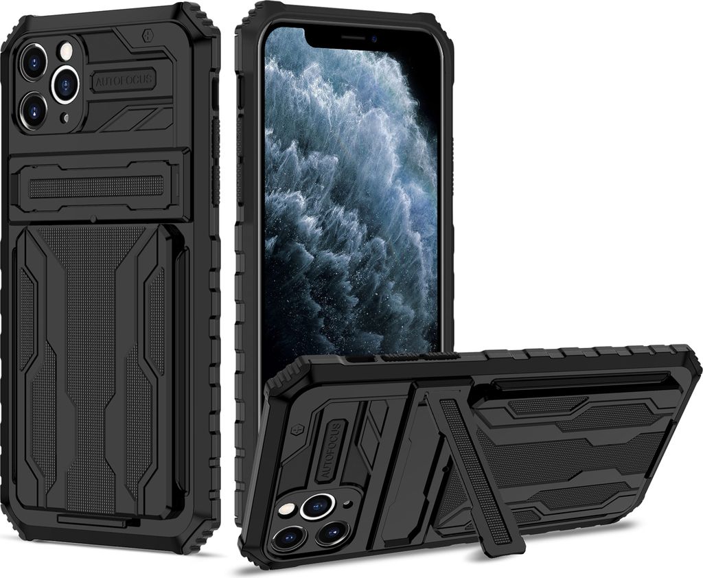 iPhone 11 Pro Max Hülle, Hybrid Robust Schutz Stoßfest Schutzhülle mit Kartenhalter Ständer für iPhone 11 Pro Max Schwarz