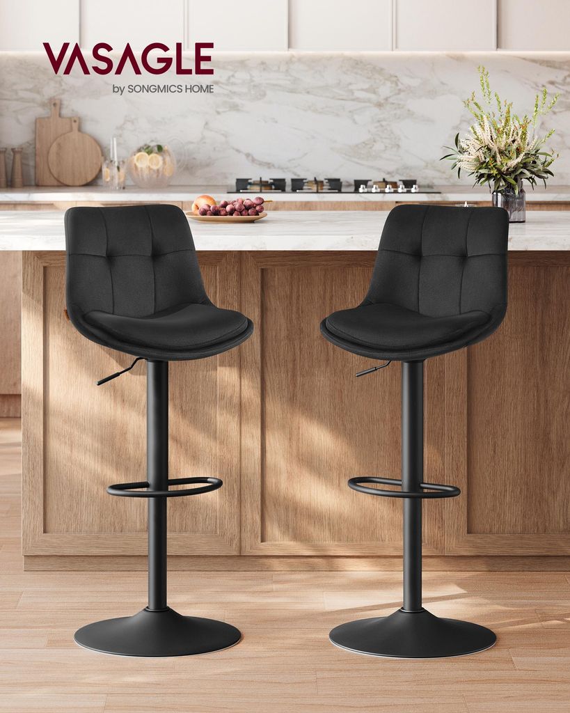 VASAGLE Barhocker 2er Set, Barstühle höhenverstellbar, drehbare Küchenhocker, Samt, mit Rückenlehne und Fußstütze, Esszimmer, Theke, Stahl