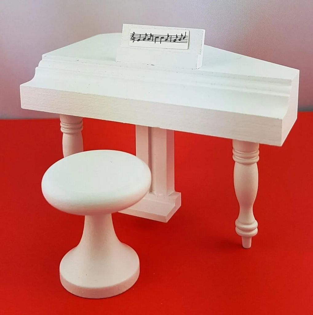 Miniatur Flügel Set weiß, mit Hocker für Puppenhäuser im Maßstab 1:12