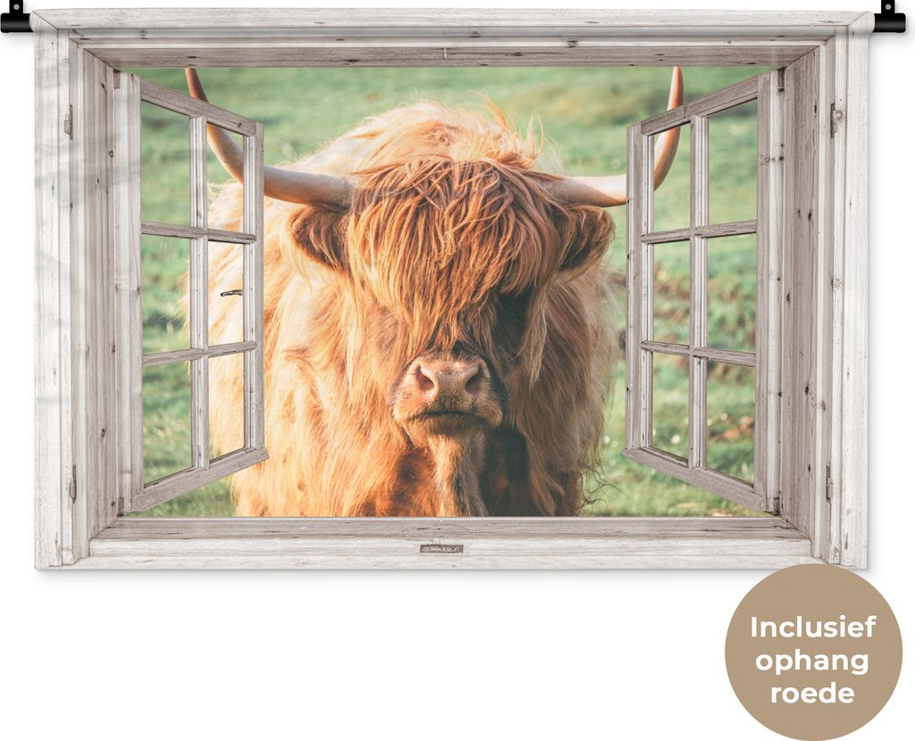 MuchoWow Wandteppich Wandbehang Schottisches Hochlandrind - Ansicht - Fenster - Tier 90x60 cm Tapisserie Dekoration Wandtuch - Wandskulpturen - B...