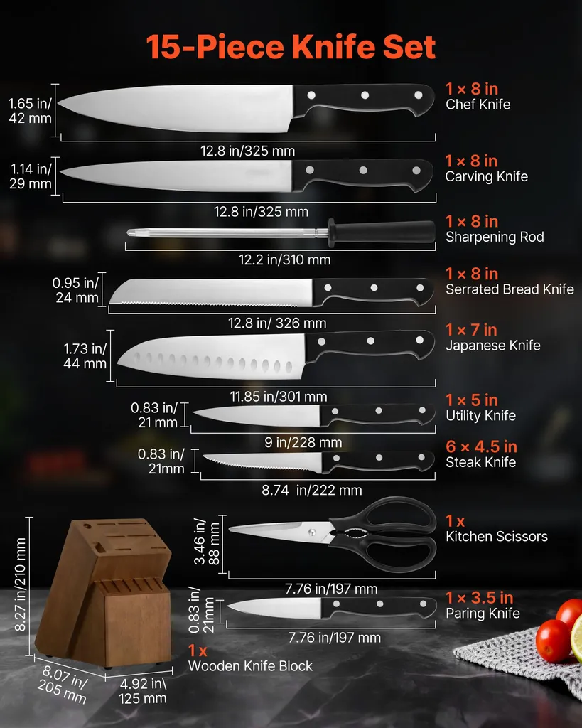 SucceBuy Set di coltelli da cucina da 15 pezzi con ceppo in legno e acciaino per affilare, coltelli affilati in acciaio inox di alta qualità con manici ergonomici in ABS, ideali per gli amanti della cucina - 2