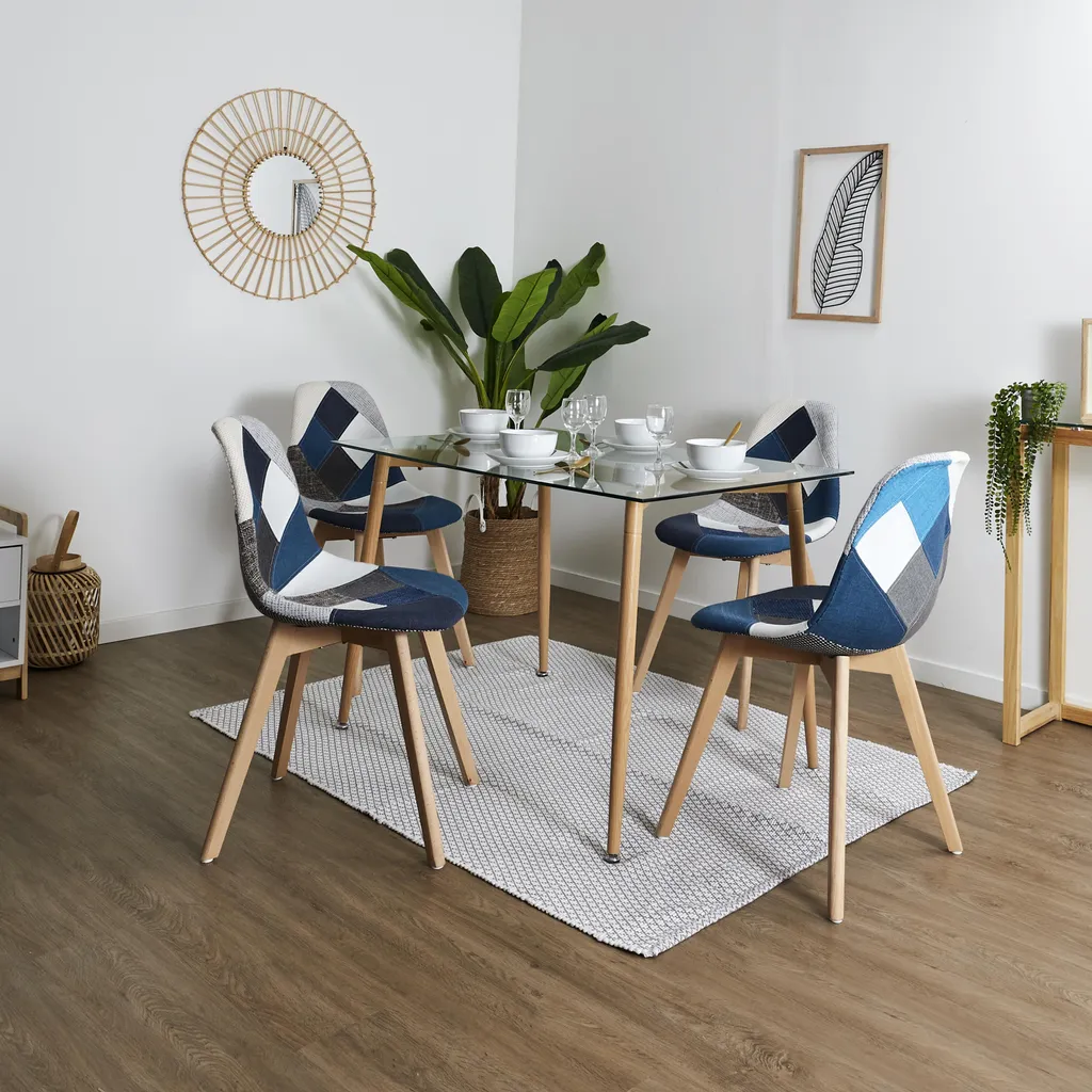 Chaise Patchwork Bleu Gris - Lot de 4 Chaises Design Nordique Confort - 6