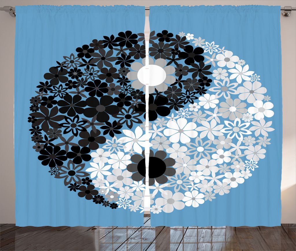 ABAKUHAUS Ying Yang Rustikaler Vorhang, Tao Sign Floral, Wohnzimmer Universalband Gardinen mit Schlaufen und Haken, 280 x 245 cm, Blau Schwarz Grau