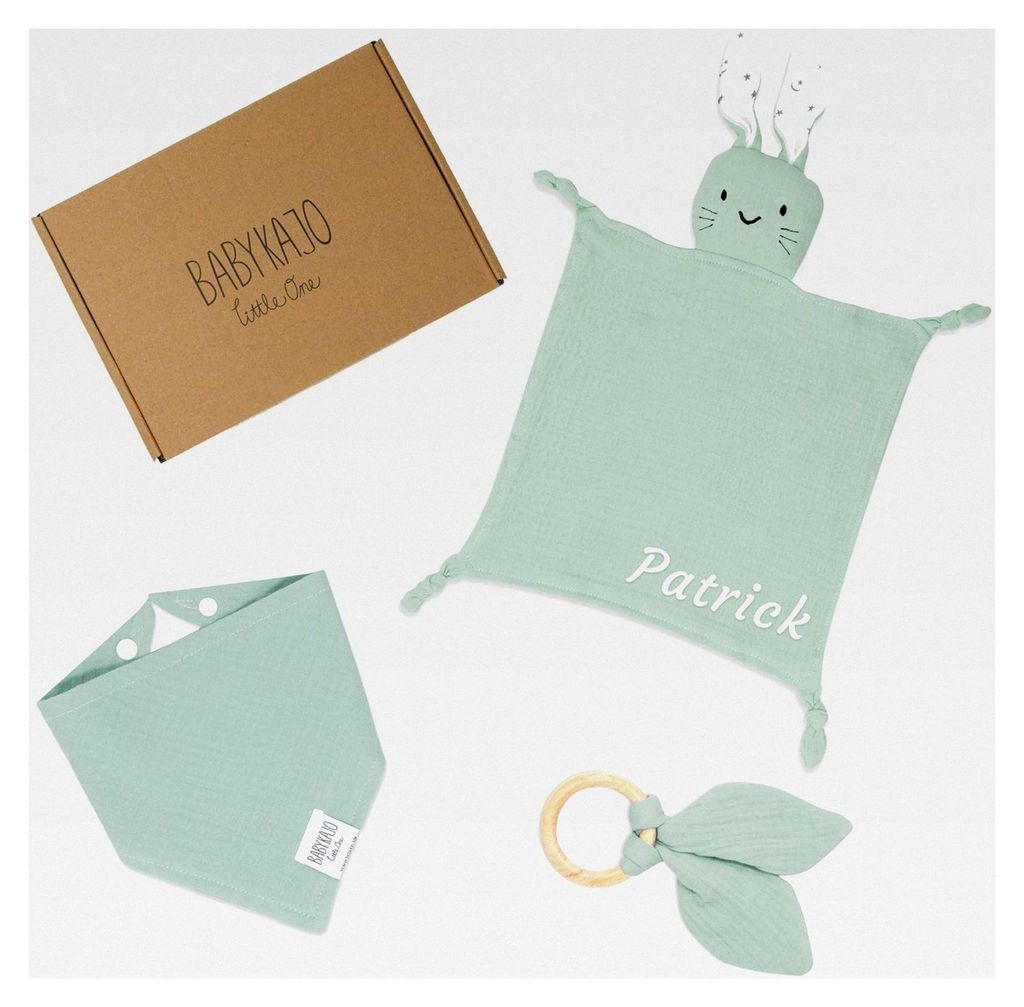 Personalisiertes Baby Geschenkset – Schnuffeltuch mit Namen, Beißring und Halstuch – Geschenk zur Geburt für Jungen und Mädchen