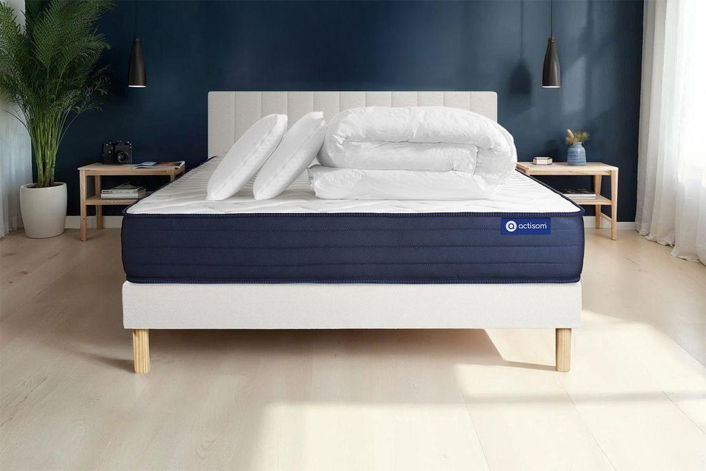 Komplettpaket Bett - Matratze 200x200 cm + Boxspringbett mit Lattenrost (im Set) + 2 Kopfkissen + Bettdecke - Actimemo Life