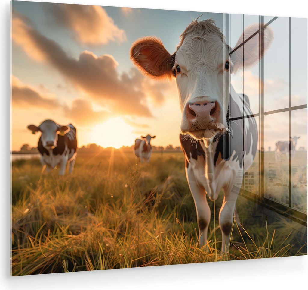 MuchoWow Glasbilder - Bilder auf Wandbild - Foto auf Glas Kuh - Wiese - Tierportrait - Natur - Kühe 40x30 cm Wanddekoration aus Glas - Acrylglasbi...