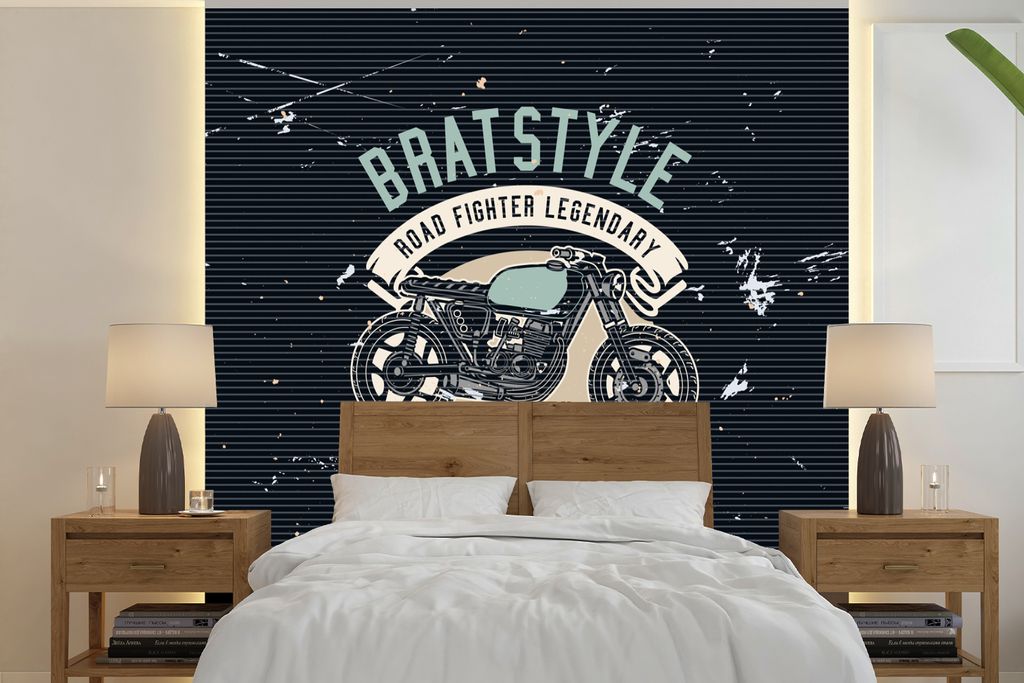 MuchoWow Fototapete für Wohnzimmer oder Schlafzimmer Wandtapete Vinyl Motivtapete Mancave - Motorrad - Retro - Zeichnung - 260x260 cm - Papierta...