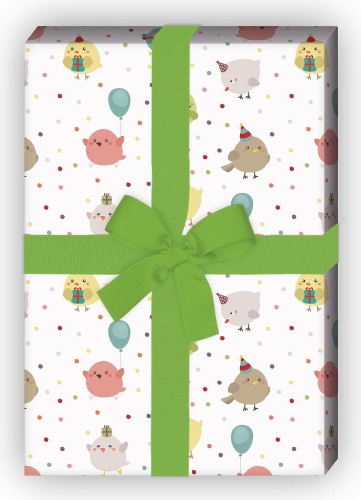 Lustiges Geburtstags Geschenkpapier mit Party Vögeln, weiß Produktbild 
