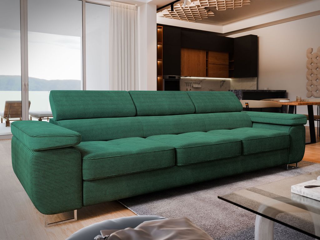 Sofa MOSINE Grün Kordstoff mit Schlaffunktion, Wohnzimmersofa, Couch, Soffa, Bettsofa, Couchgarnitur- Grün, POSO 14