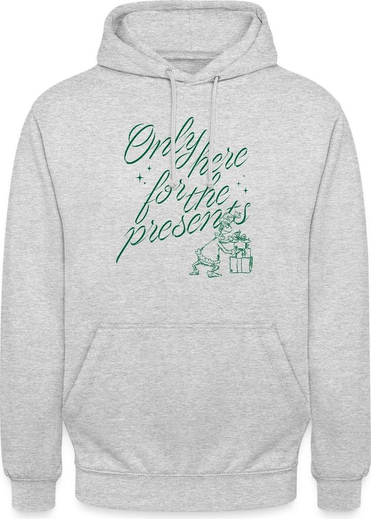 Spreadshirt Der Grinch Spruch Only Here For The Presents Uni Hoodie, XXL, Hellgrau meliert