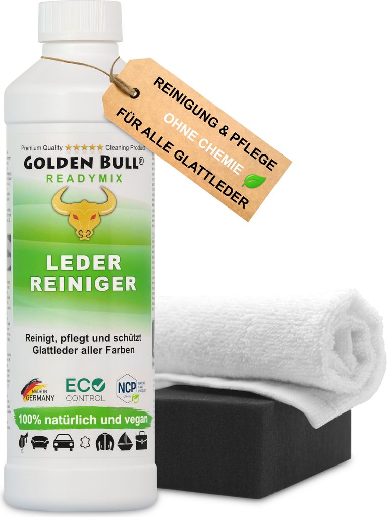 Golden Bull Lederreiniger & Lederpflege Set - Leder Reiniger 500ml, Schwamm, Tuch für Reinigung & Pflege von Ledercouch, Auto und Sofa