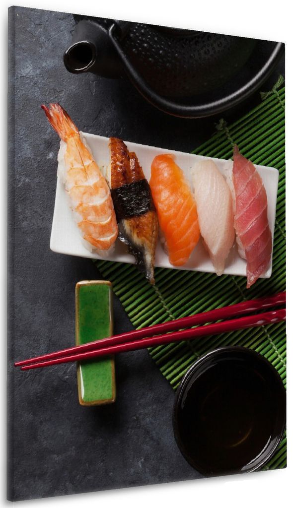 Wallario Premium Leinwandbild Sushimenu auf Schiefer - Nigiri mit grünem Tee in Größe 60 x 90 cm
