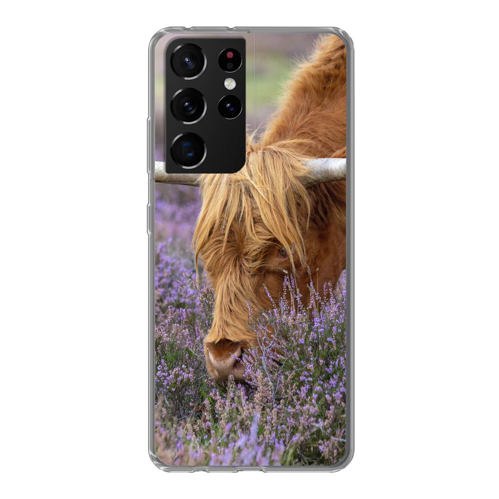 MuchoWow Handyhülle Schutzhülle Hülle für Samsung Galaxy S21 Ultra Schottischer Highlander - Tiere - Heide Silikon Softcase Handy Hülle - Mo...