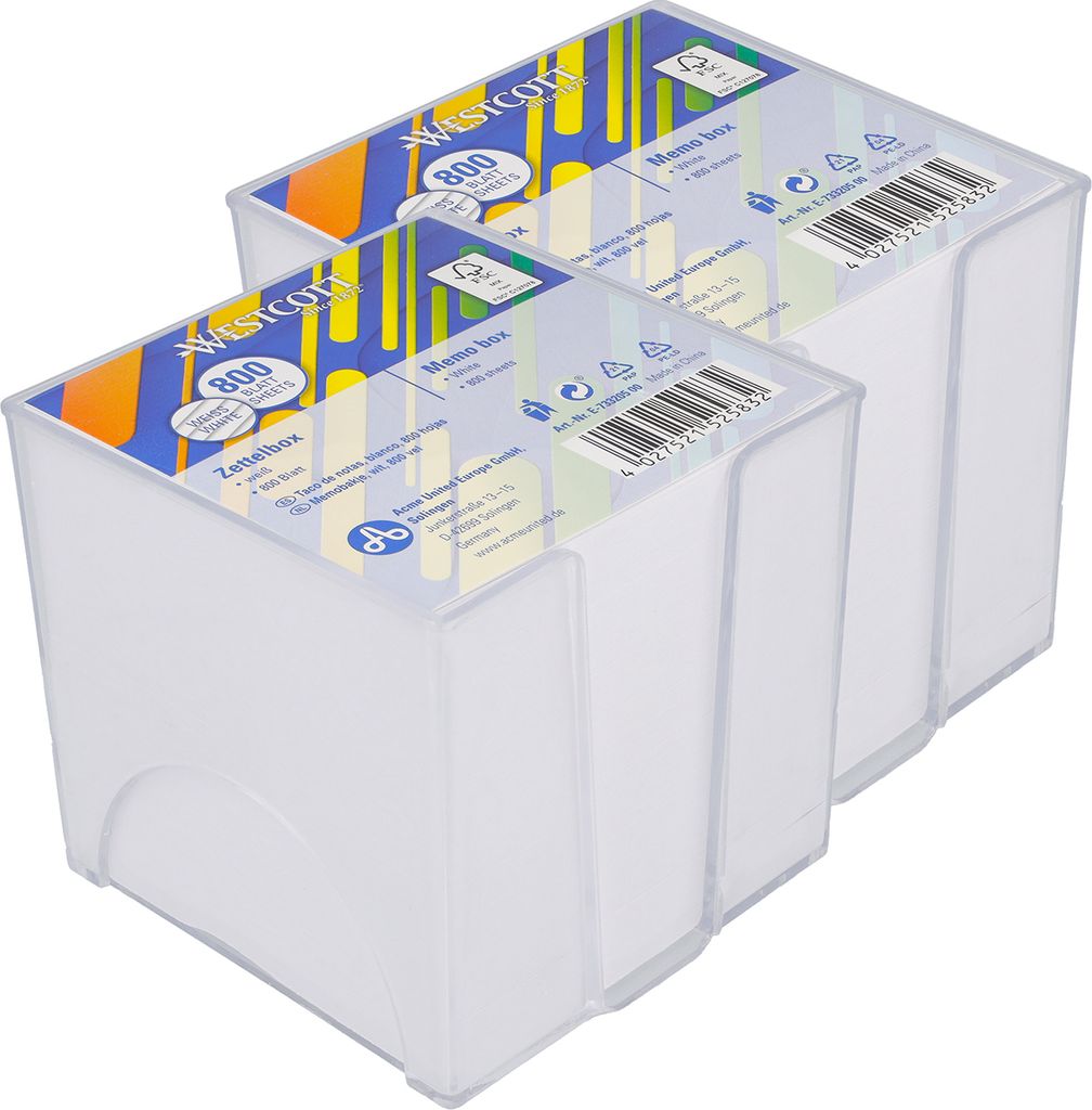 Westcott Notizzettel weiß 800 Blatt in Zettelbox (2er-Set) | 2 x Notizblock mit 9 x 9 cm großen Blättern in weiß | Stabile Box aus transparente...