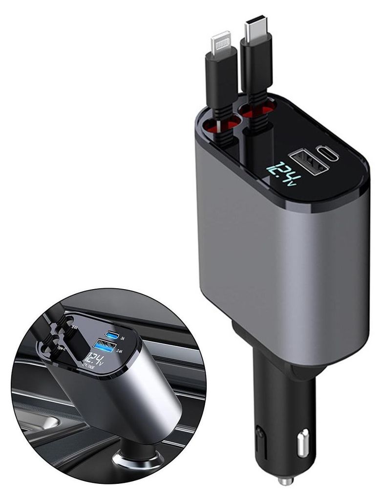 100W Auto Ladegerät mit Display, USB & Type-C, ausziehbares Produktbild 