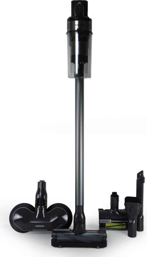 A vacuum cleaner and its accessories are displayed against a white background.