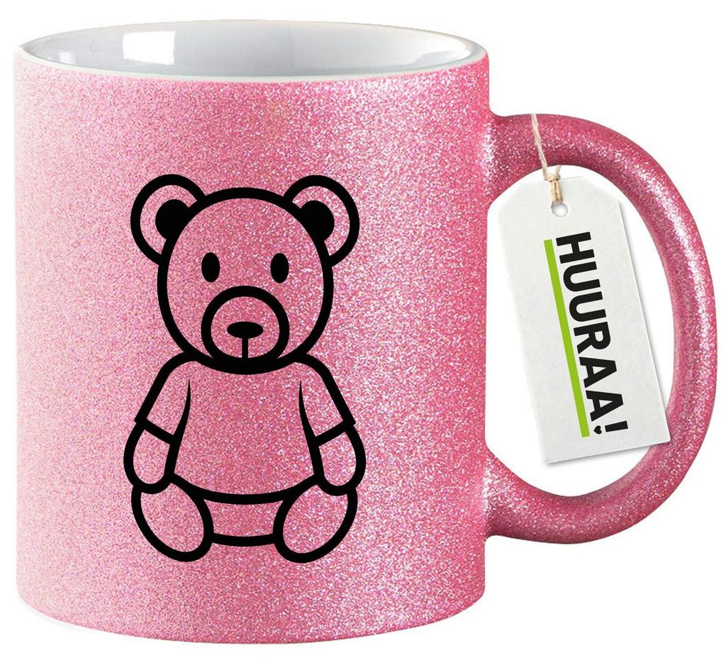 Huuraa Glitzertasse Teddybär Knuddelbär 330ml Pink Keramik Kaffeebecher Geschenkidee