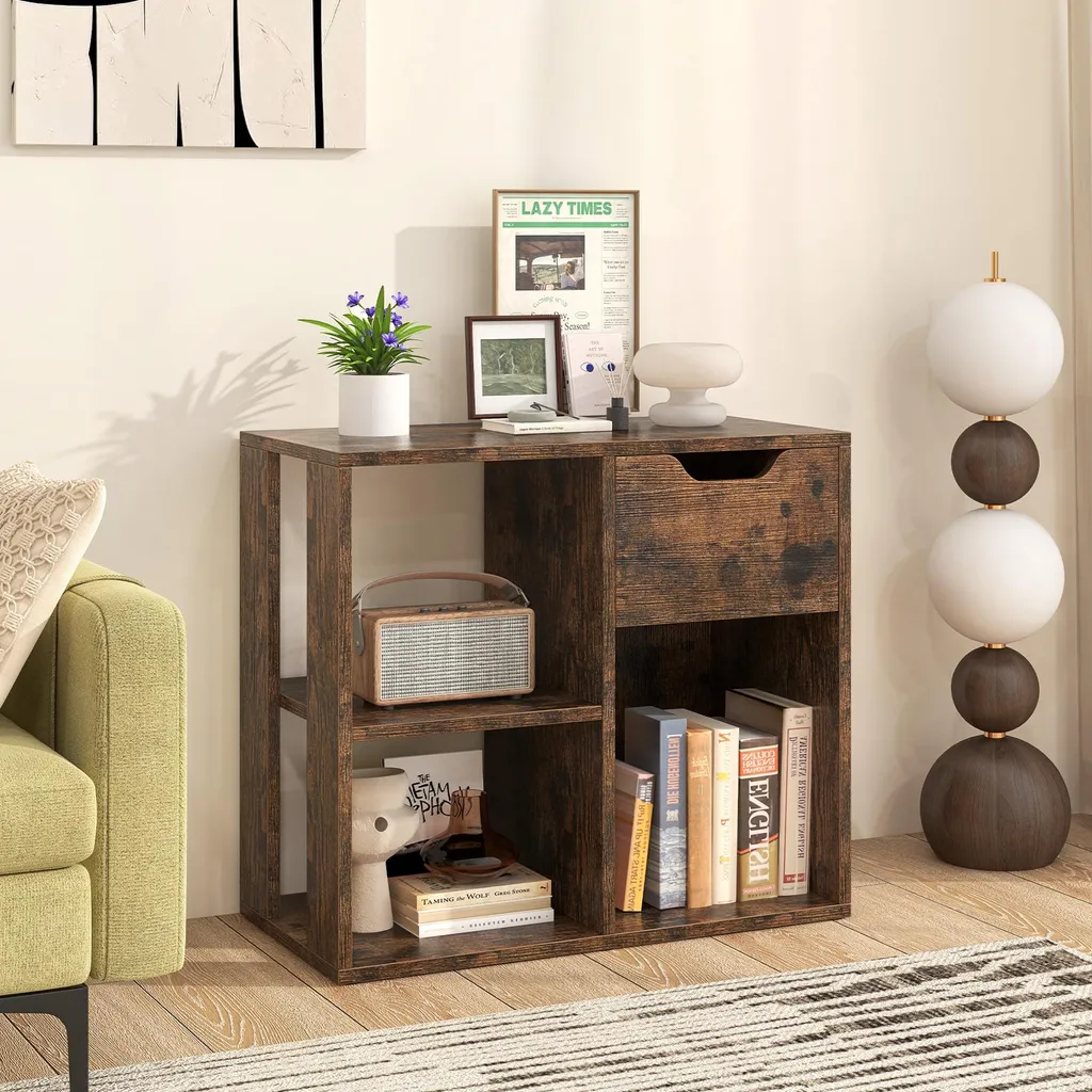 Bibliothèque Basse à 3 Compartiments et Tiroir en Bois Brun Stable 60cm - 2