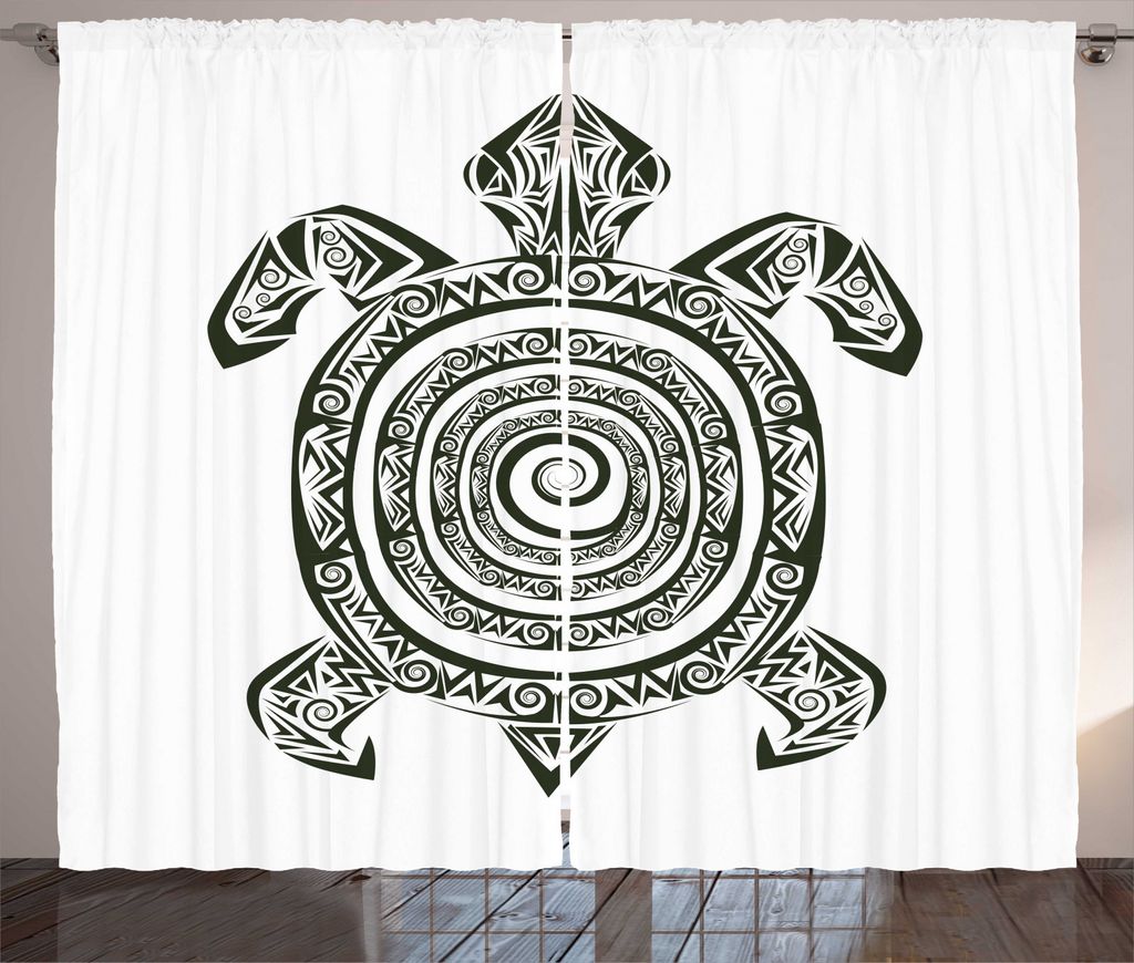 ABAKUHAUS Stammes Rustikaler Vorhang, Turtle Maori, Wohnzimmer Universalband Gardinen mit Schlaufen und Haken, 280 x 245 cm, Schwarz und weiß