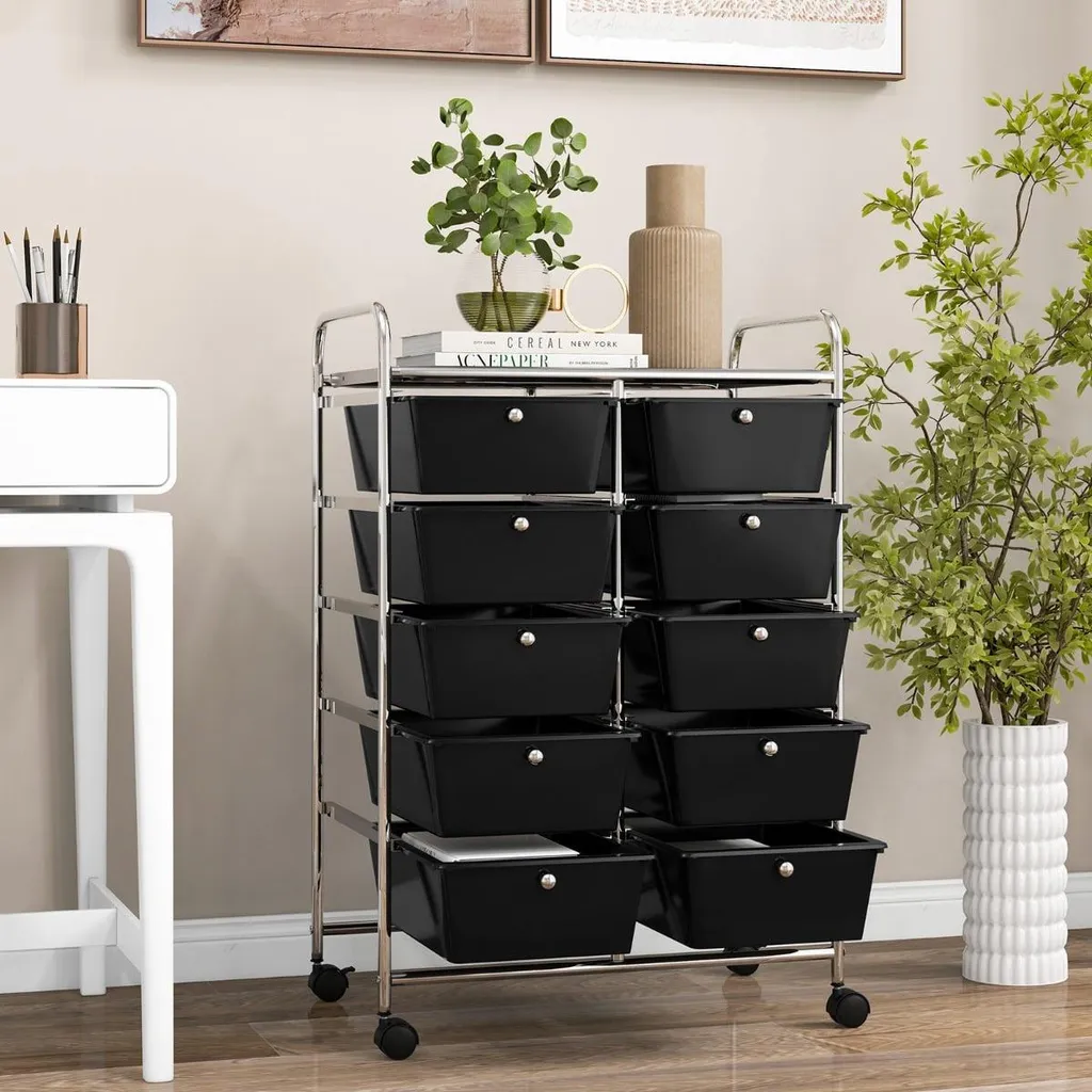Tour de rangement 10 tiroirs pour bureau et atelier, chariot noir
