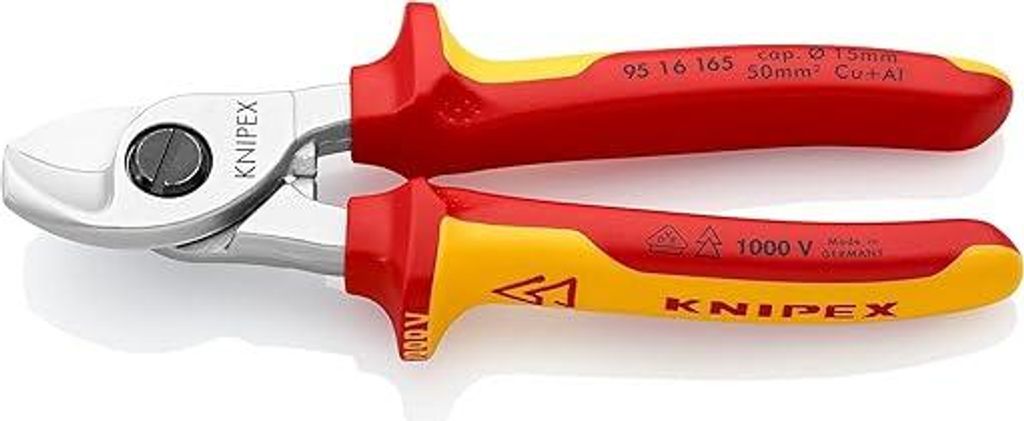 KNIPEX Kabelschere, 165 mm, VDE, für Cu- und AI-Kabel bis 15 mm (50 mm²), Einhandbedienung,Kabelschneider, 95 16 165