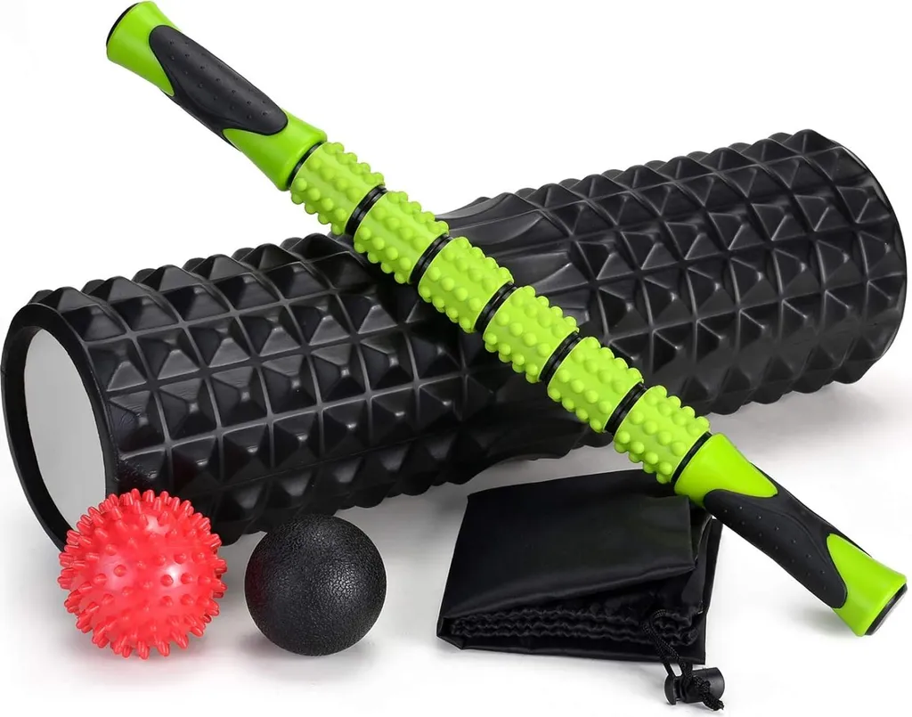 Foam Roller Set 5 Pièces avec Stick et Balles Massage Haute Densité Noir
