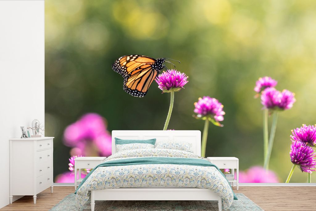 MuchoWow Fototapete für Wohnzimmer oder Schlafzimmer Wandtapete Vinyl Motivtapete Schmetterling - Blumen - Sommer - 390x260 cm - Papiertapete