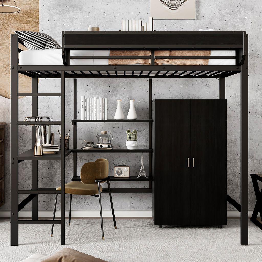 A loft bed with a desk, shelves, and a wardrobe underneath, set against a concrete wall.