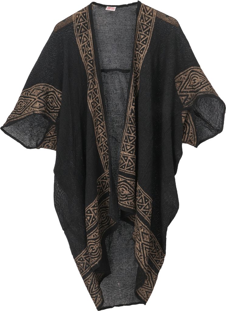 Offener Boho Cardigan, Plus Size Jacke, Kimono mit Druckbordüre - Schwarz, Damen, Baumwolle, Jacken, Mäntel & Ponchos
