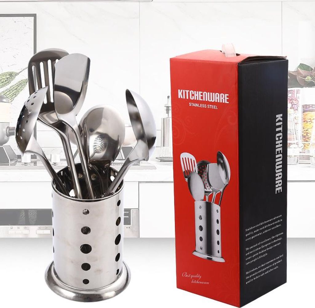 STILVORA Kochbesteck-Sets Edelstahl, Kochbesteck Set mit Halter, Pfannenwender und Kochlöffel Set, Rostfrei und Hitzebeständiges Kochbesteck Set