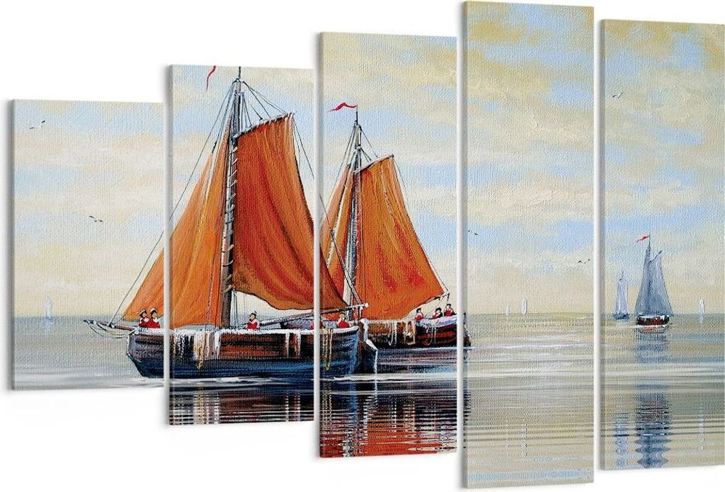 Bild auf Leinwand - Leinwandbild - 5 Teile - Segelschiffe Öl Orange - 150x100cm - Wand Bild - Wanddeko - Wandbilder - Leinwanddruck - Bilder - Wan...