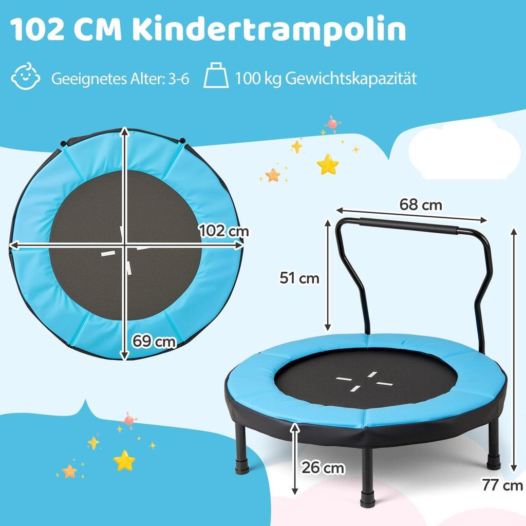 Kindertrampolin mit Griff, 102 cm, 100 kg Tragkraft, Blau