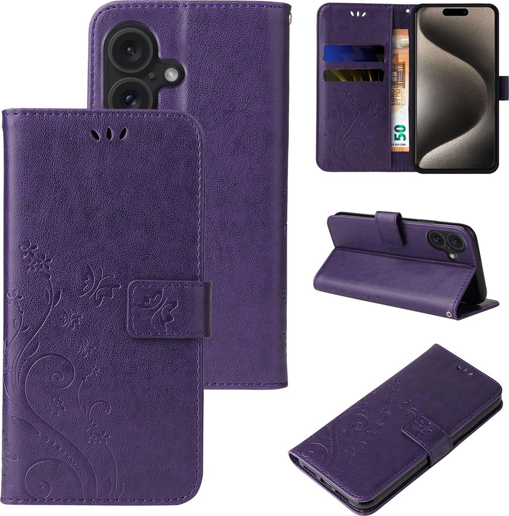 Handyhülle für Apple iPhone 17 Floral Blumen Schmetterling Flip Cover Hülle Case Klapphülle Handytasche Farbe: Violett