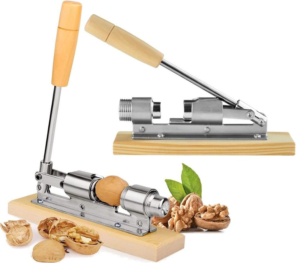Stabiler Nussknacker aus Edelstahl, silber, mit Holzfuß Produktbild 
