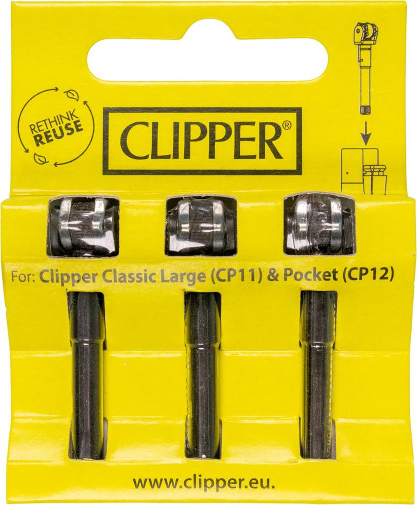 A yellow retail package containing three replacement flint systems for Clipper lighters.