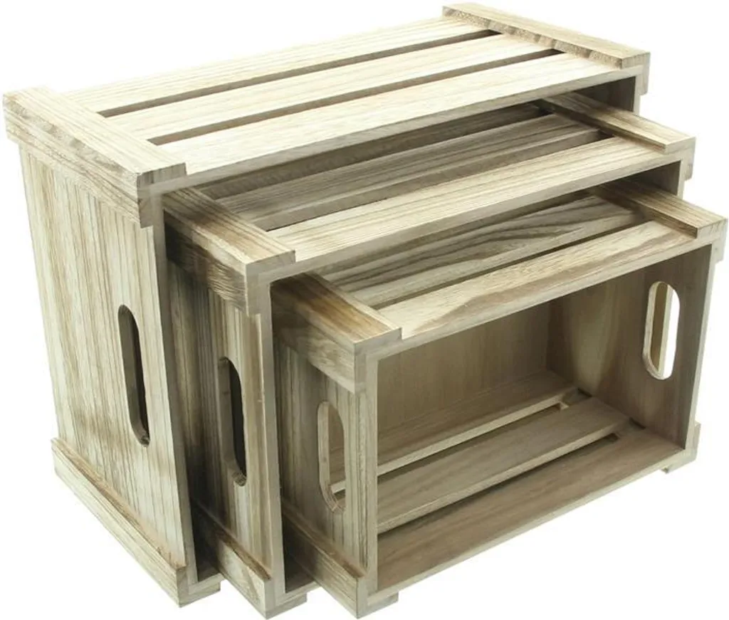 3x Caisses en bois naturel avec poignées - Rangement empilable Basic