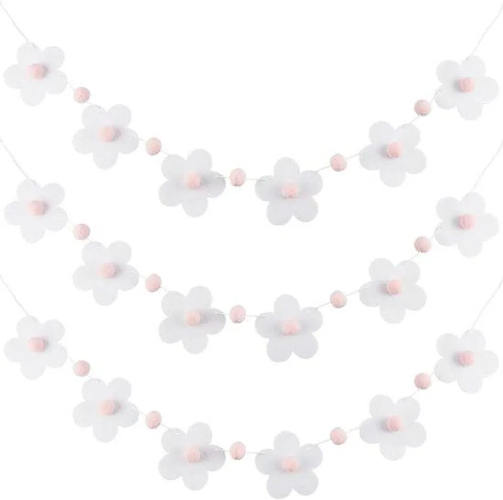 Guirlande fleurs blanches pompons roses pour fête scolaire et kermesse