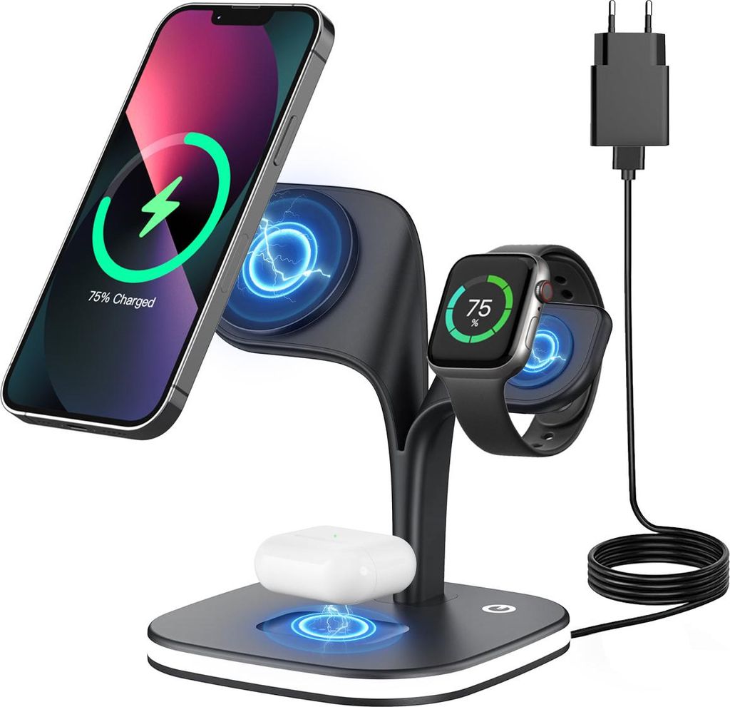 Drahtloses Ladegerät, Magnetische Ladestation, 5-in-1 Schnellladegerät, 15W Ladegerät Ständer für iPhone 12/13, Apple Watch, AirPods