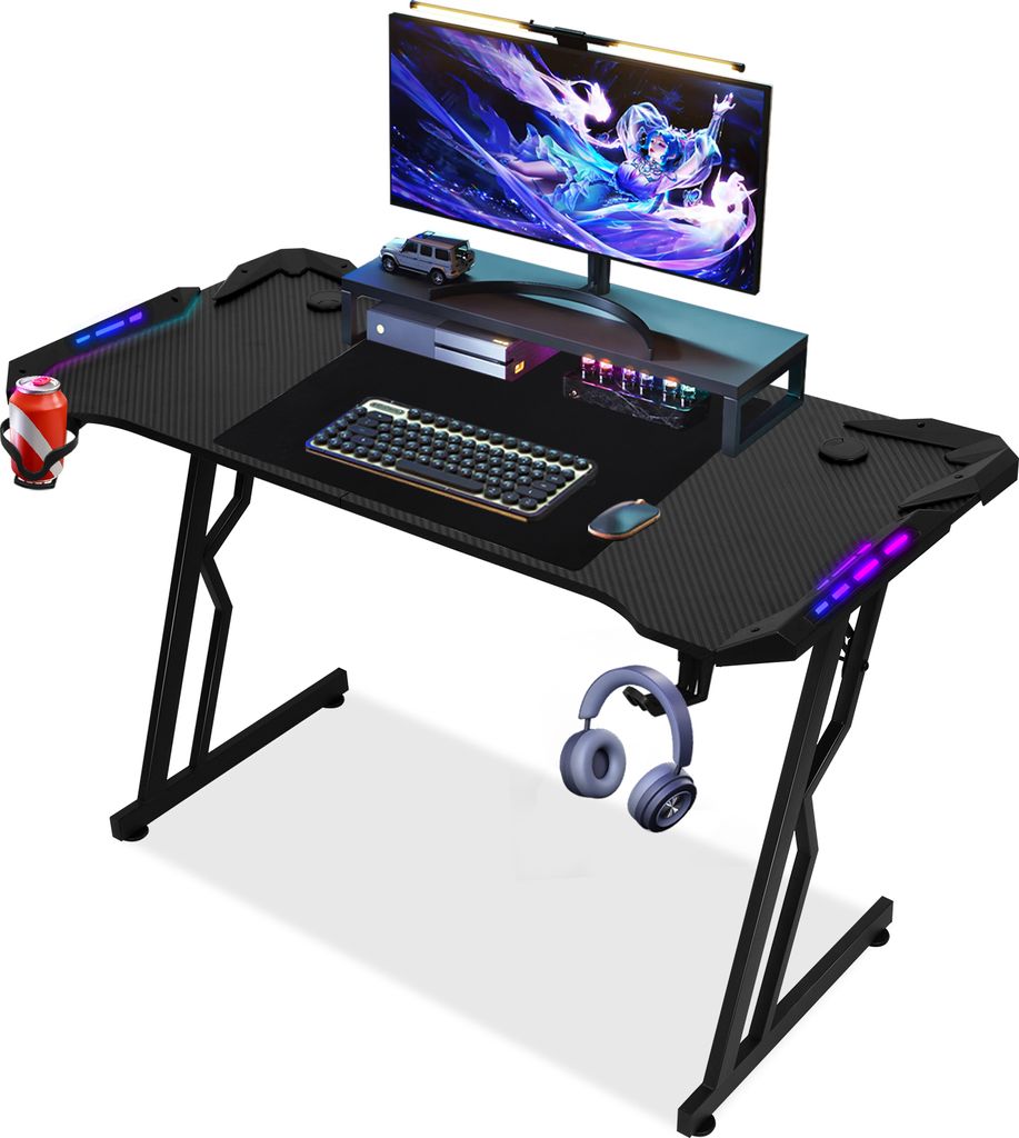 Bettizia 140 x 60cm Gaming Tisch, Gaming Schreibtisch mit Mauspad,Gamer Tisch Computertisch mit Kopfhörerhaken Schwarz