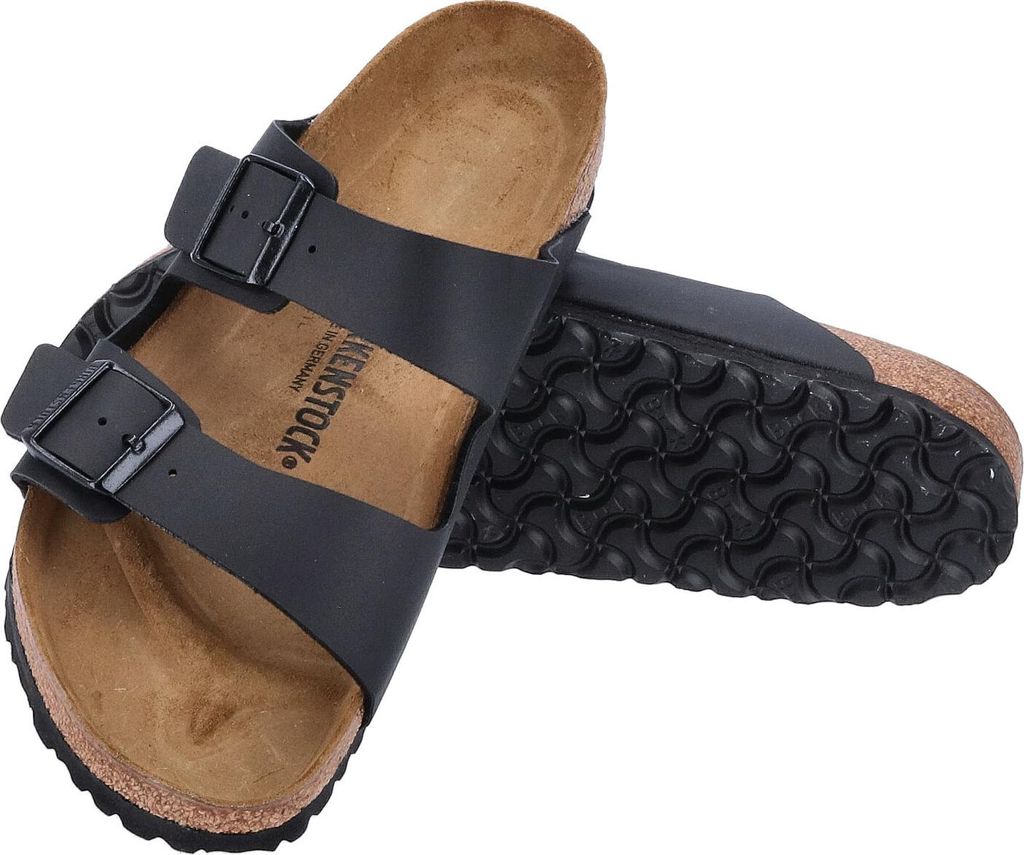 A pair of black Birkenstock Arizona sandals shown from a slightly elevated side angle against a white background.