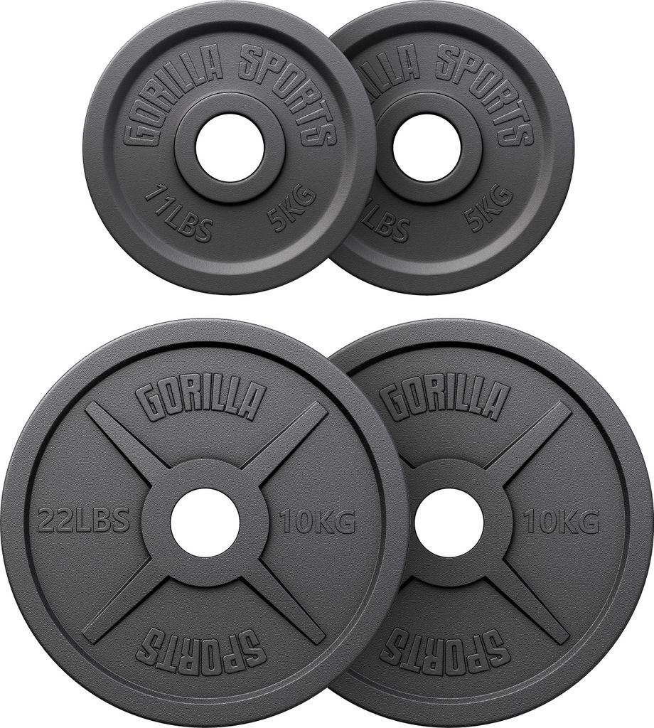 GORILLA SPORTS Olympia Hantelscheiben - 30kg Set, 2x5kg, 2x10kg Gewichte, 50mm Bohrung, Gusseisen - Gewichtsscheiben, Hantelscheiben-Set, Hanteln