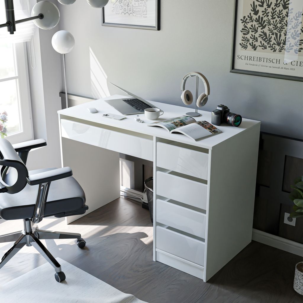 Bureau avec tiroirs BELLA blanc brillant 110x77x55 Table de Image du produit 