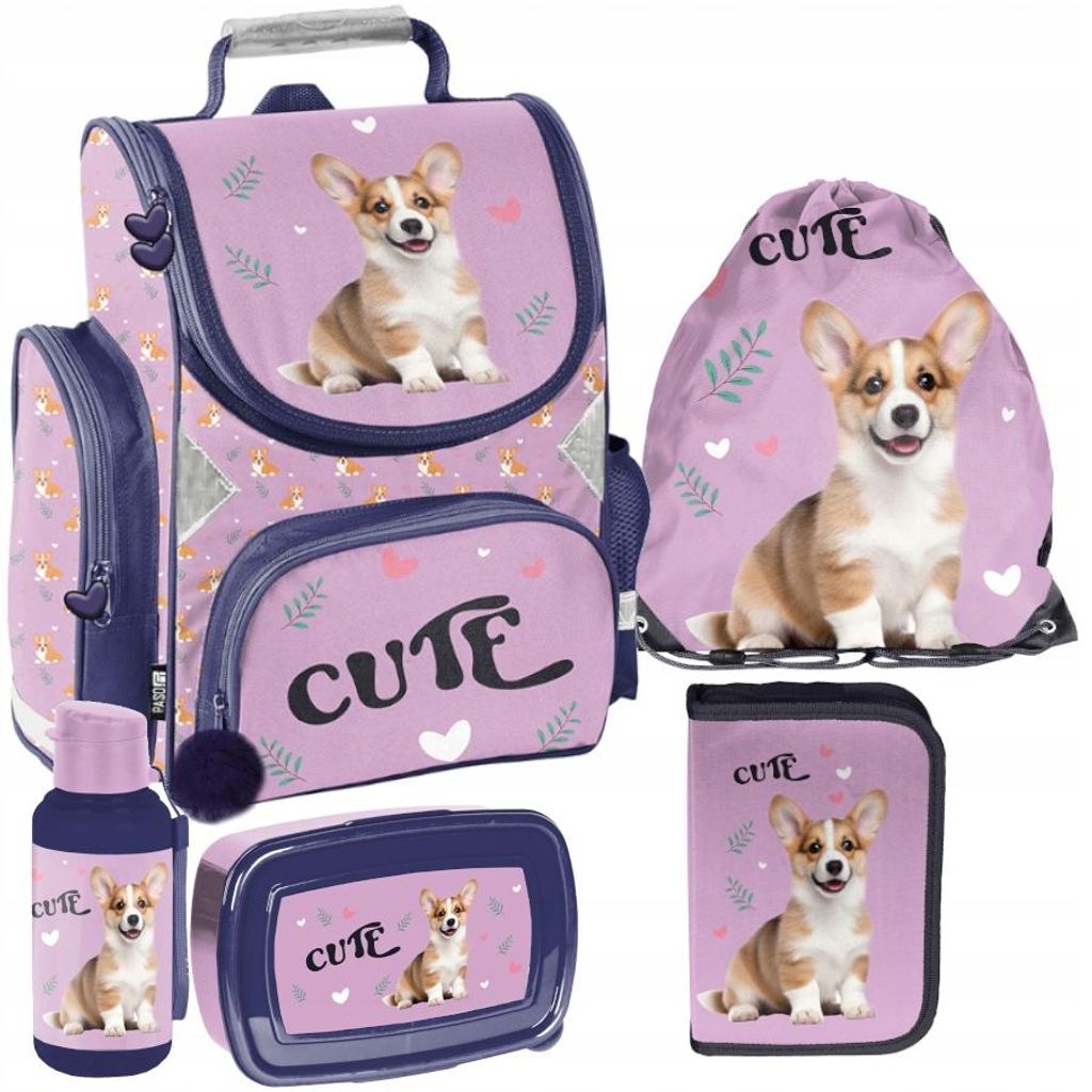Schulrucksack Mädchen Jungen Motiv HUND corgi 5 T Set Rucksack, Federmäppchen, Schuhbeutel, Trinkflasche, Frühstückstasche Mega-Set Paso