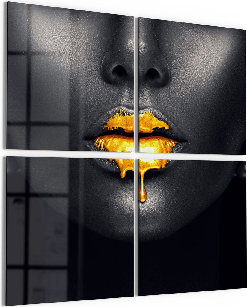 DEQORI Glasbilder Acryl 4x50x50 cm 'Goldbedeckte Lippen' Wandbilder XXL groß