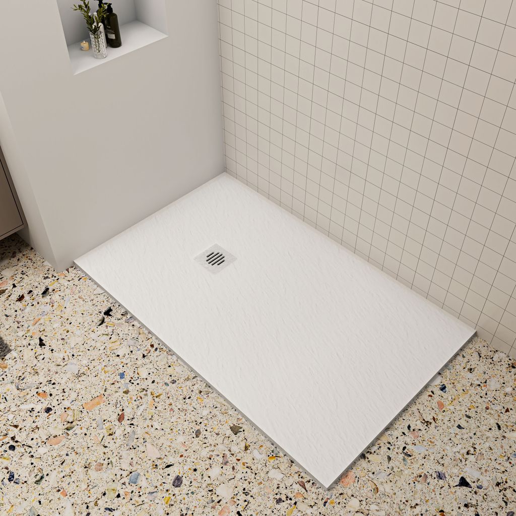 90x140x3cm Weiß Schiefer Effekt Duschwanne mit plastik Ablaufabdeckung Ablaufgarnitur Rechteck Duschtasse