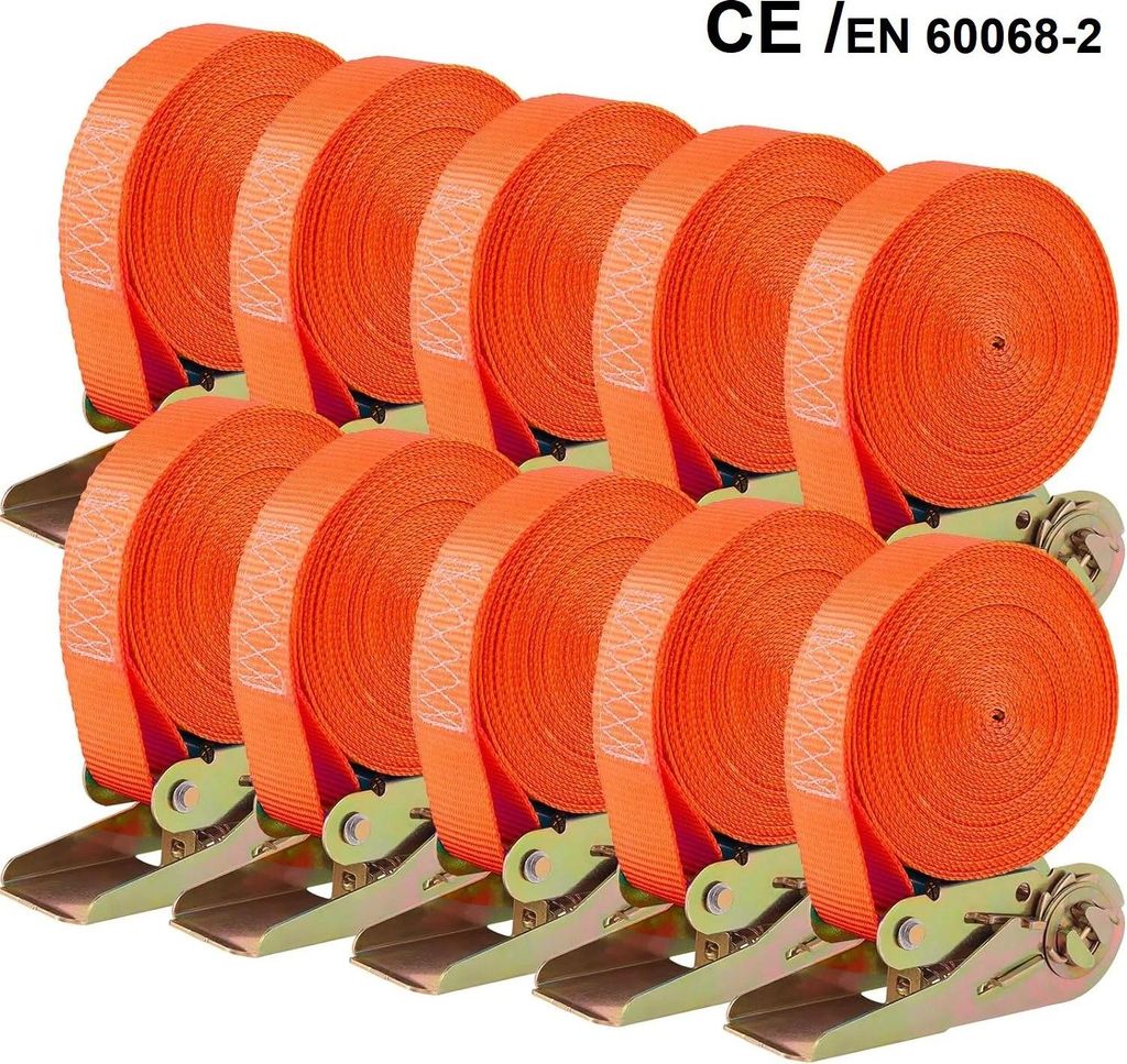 Spanngurt mit Ratsche - Zurrgurt - 10er Set - 6 m x 25 mm - Einteilig - Aluminium-Kupfer-Legierung - Orange