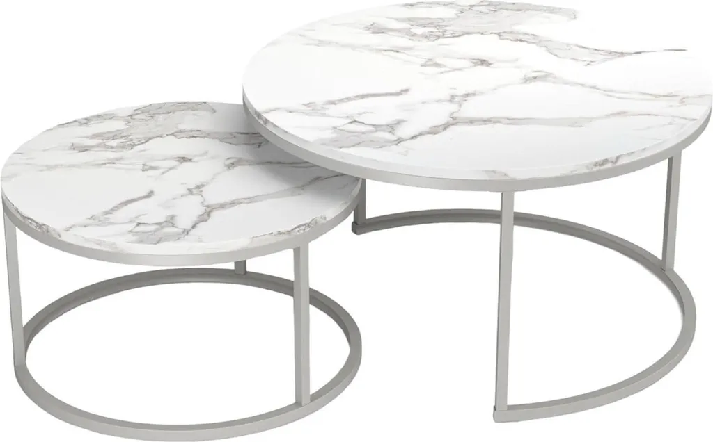 Set de table basse rond aspect marbre blanc et argent 80x80 et 60x60 cm