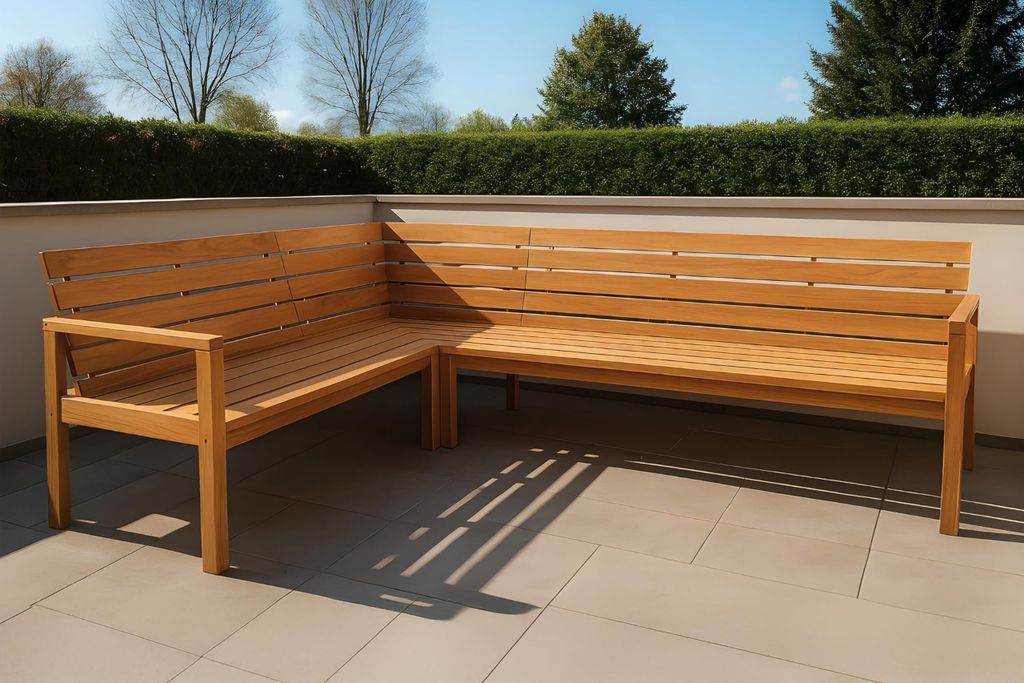 Eckbank Freetown | Teakholz massiv | 255/195 x 68 cm | Oudoor-Sitzbank/Holzbank für Garten, Terrasse & Balkon | flexibel montierbar