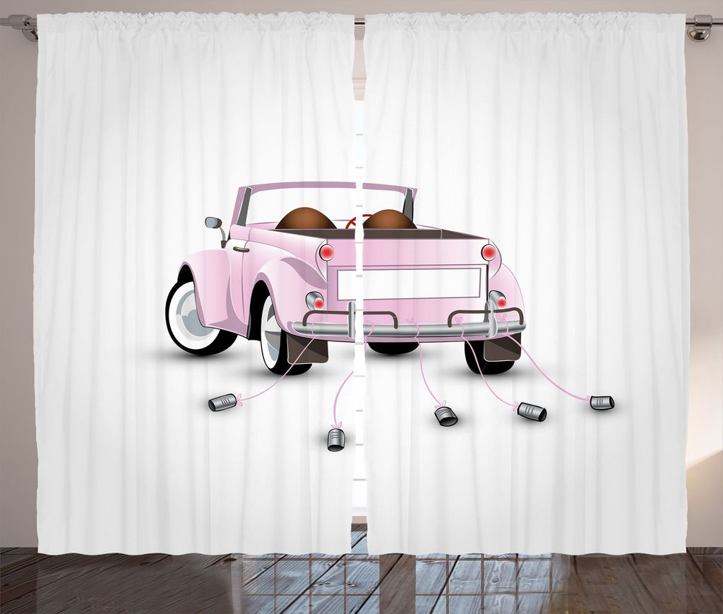 ABAKUHAUS Liebe Rustikaler Gardine, Just Married Karikatur-Auto, Schlafzimmer Kräuselband Vorhang mit Schlaufen und Haken, 280 x 175 cm, Weiß Rosa